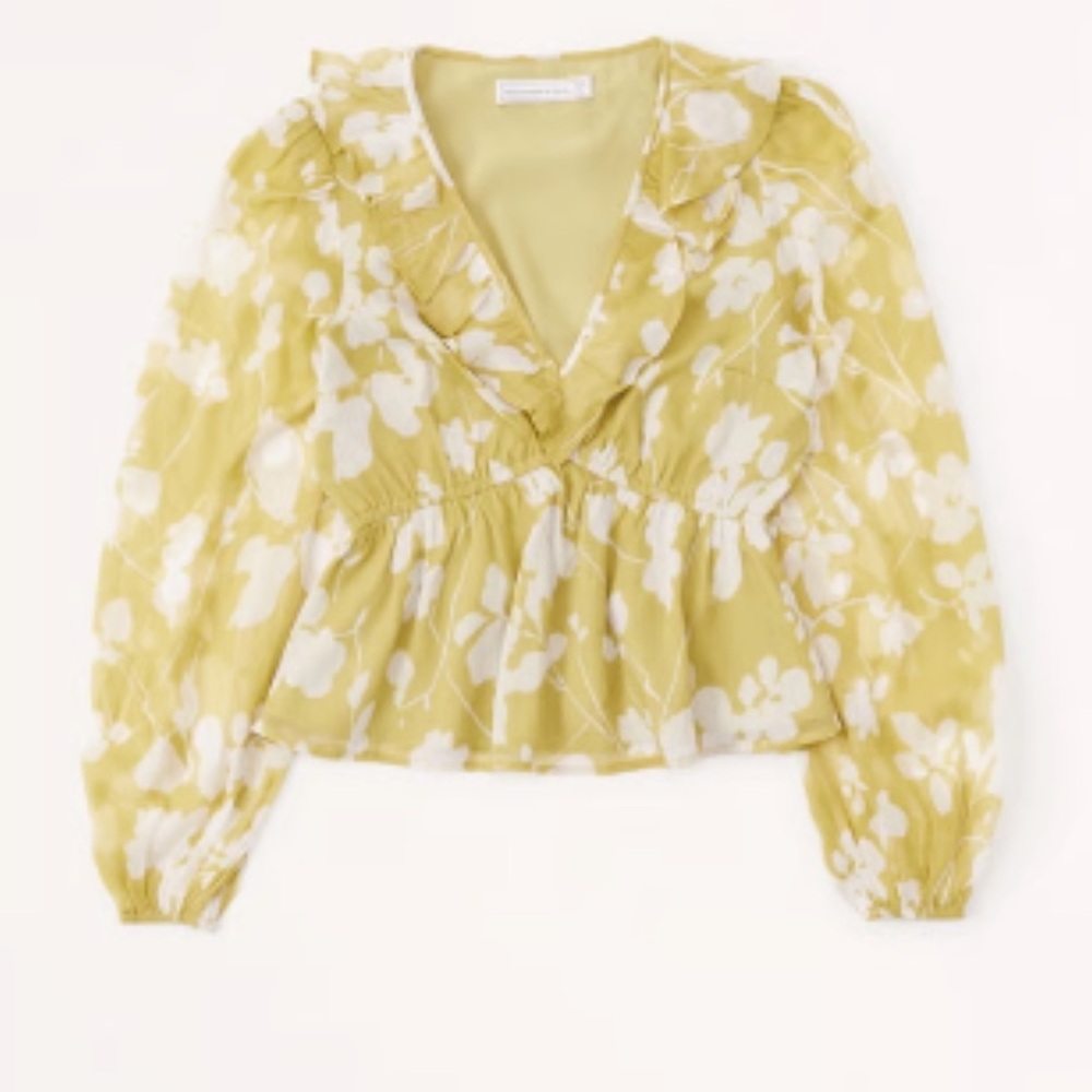 Abercrombie & Fitch green and white floral long-sleeve peplum blouse
